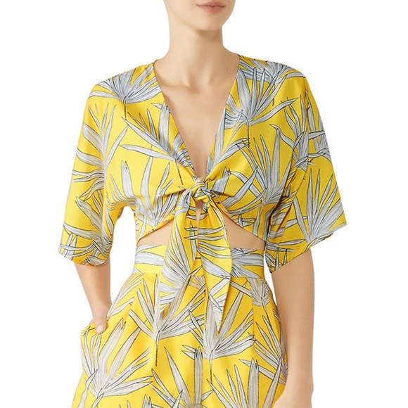 Hutch Women's Yellow Leaf Print Tie-Front Crop Blouse Short Sleeve Tropical XS - Picture 1 of 10